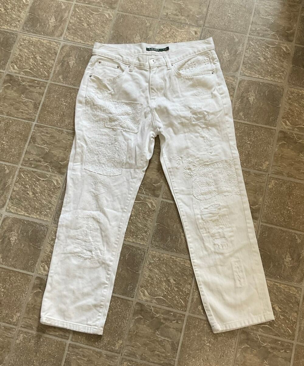 Lauren Ralph Lauren Womens White Eyelet Patchwork Floral Ankle Jeans 6 Small